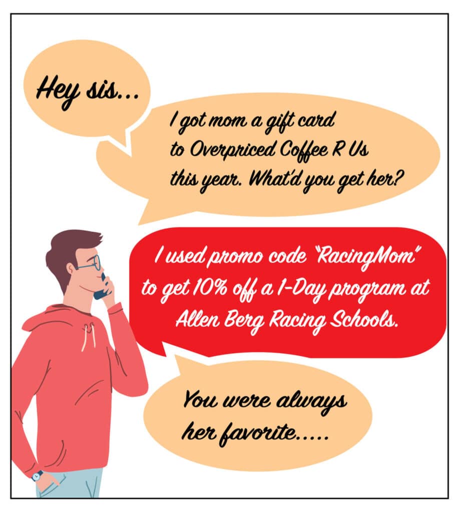 Man calling his sister & telling her about the racing mom discount for 1 day program